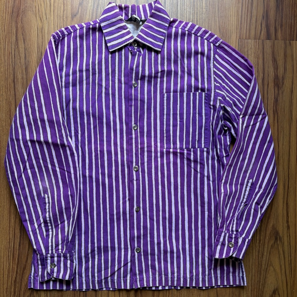 Marimekko Vintage Purple and Pink Striped Button-Up Shirt. Made in Finland label